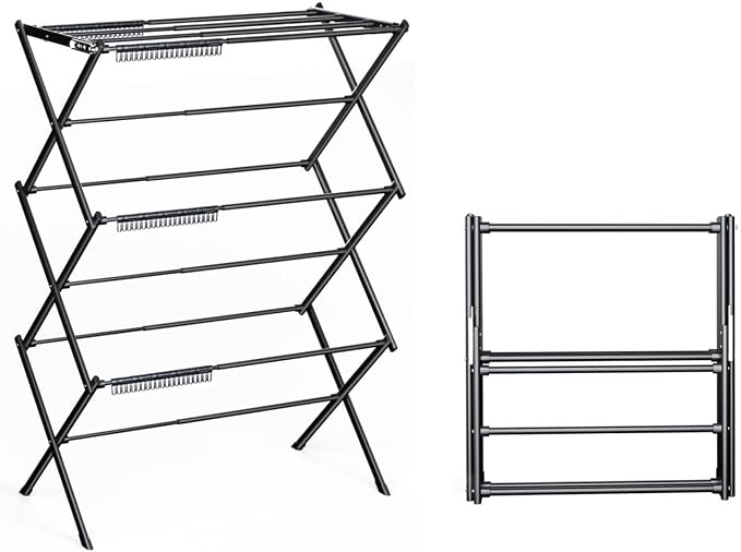 3 Tier Clothes Drying Rack, Foldable Drying Rack Clothing,Indoor & Outdoor Laundry Rack for Drying Clothes,Space-Saving Design,Small Collapsible Portable Dryer Racks for Laundry,Pure Black