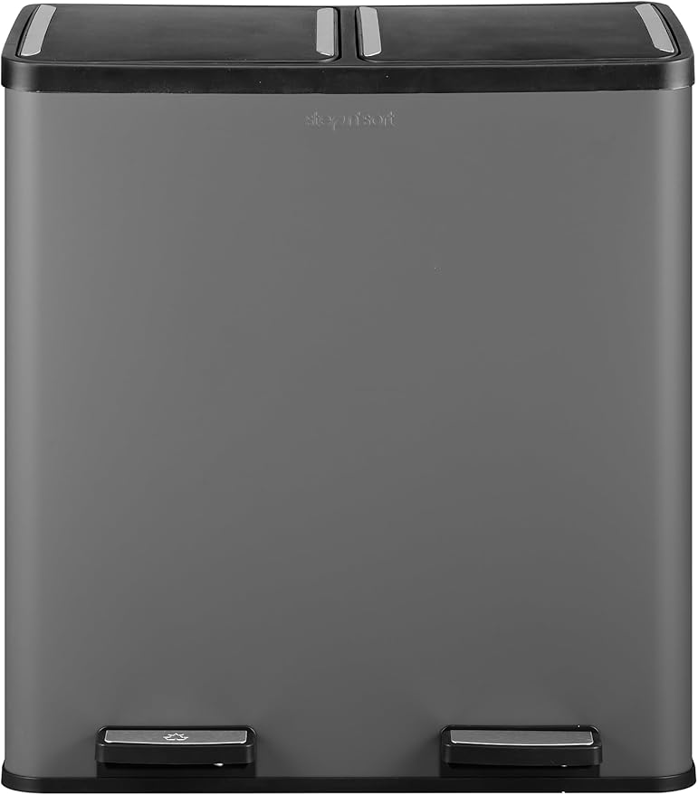 Step N' Sort The 18.5 Gallon Extra Large Capacity, Soft-Step, Dual Trash and Recycling Bin with Removable Inner Bins, Grey