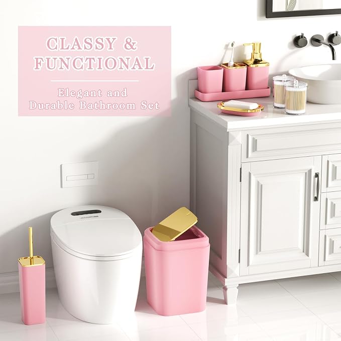 XLHOMO Bathroom Accessories Set - Luxury Pink Bathroom Set, 9 Pieces Bathroom Accessory Set, Pink Bathroom Accessories with Trash Can, Toilet Brush & Soap Dispenser