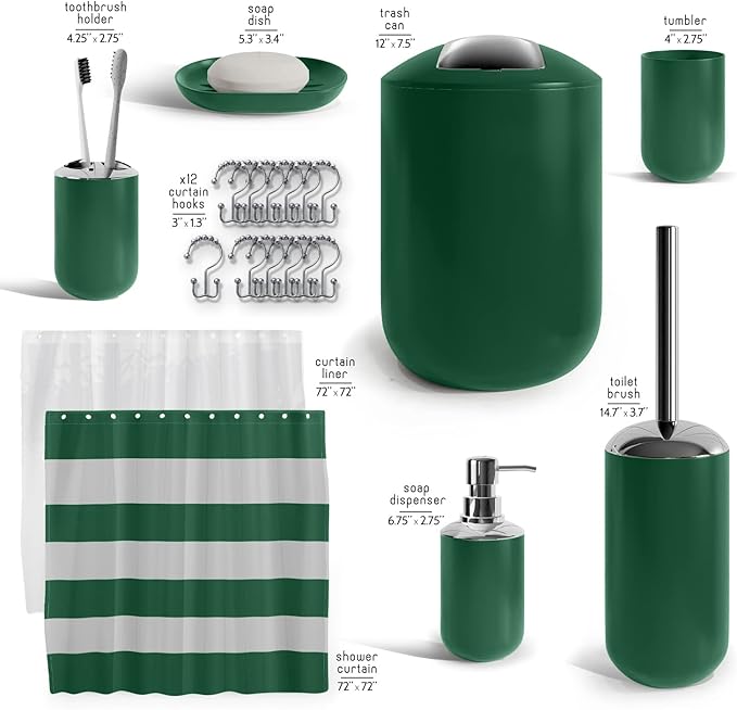 Clara Clark Bathroom Set - Green Bathroom Accessories Set, 20PC Bathroom Accessory Set, Shower Curtain Set with Liner, Toothbrush Holder, Soap Dispenser, Soap Dish, Toilet Brush Holder, and Trash Can