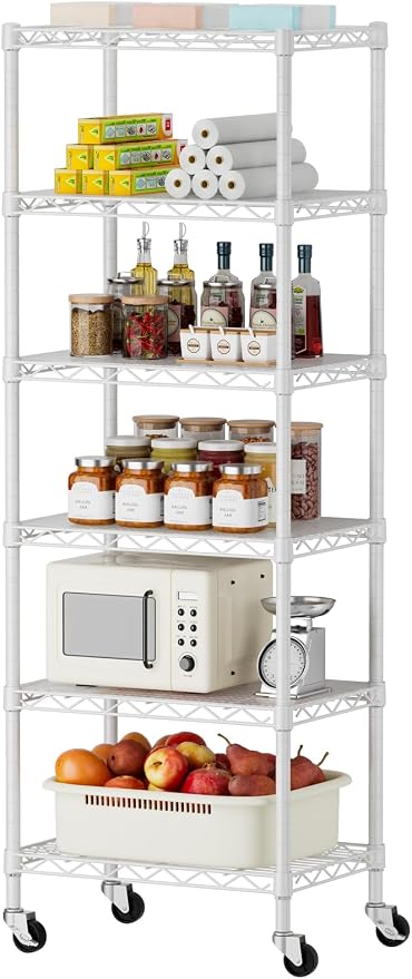 SINGAYE 6 Shelves Storage Shelf Wire Shelving Unit Metal Adjustable Wheels | Small Shelf Storage with Wheels Organizers Closet Unit for Bathroom Laundry Room Kitchen Pantry11.5D x 17.5W x 61.5H White