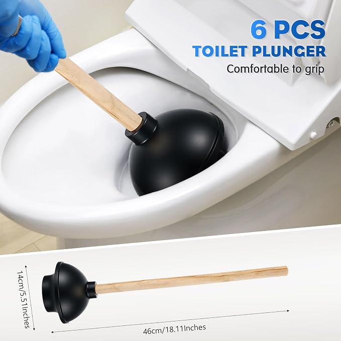 Sawysine 12 Pcs Commercial Toilet Plunger and Brush Set 6 Pack 18" Rubber Plunger with Double Thrust Force Suction Cup Handle and 6 Pack 16.54" Toilet Bowl Brush Bulk for Store Restaurant (Wood)