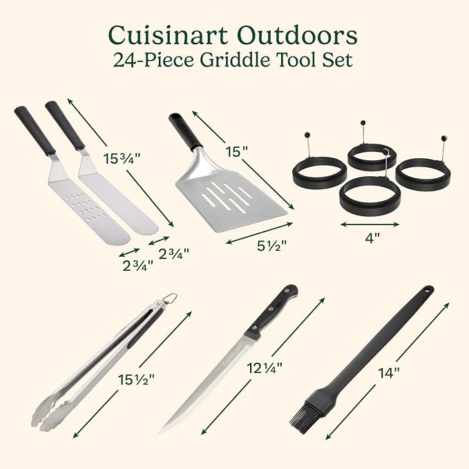 Cuisinart 24-Piece Griddle Tool Set with Storage Tote, Stainless Steel Flat Top Grill Accessories with Spatulas, Melting Dome, Smash Burger Press, Scraper & Tongs, Perfect for BBQ, Tailgates, Camping