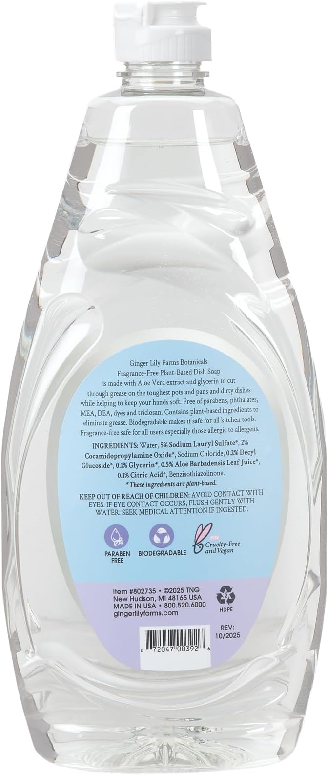 Ginger Lily Farms Botanicals Plant-Based Liquid Dish Soap, Concentrated Formula with Max Grease Cleaning Power, Cruelty-Free, Fragrance-Free, 24 Fl Oz