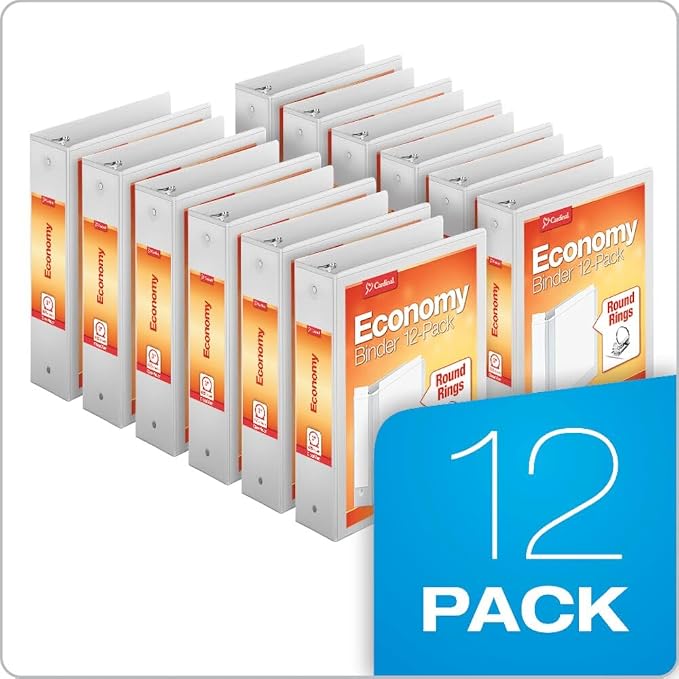 Cardinal Economy 3-Ring Binders, 3", Round Rings, Holds 625 Sheets, ClearVue Presentation View, Non-Stick, White, Carton of 12 (90651)