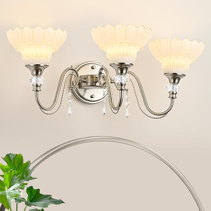 Brushed Nickel Bathroom Vanity Light, 3-Light Nickel Finish Wall Sconce with Hanging Crystal Accents and Flower-Shaped White Glass Shades, Modern Wall Mount Vanity Light Over Mirror for Bathroom