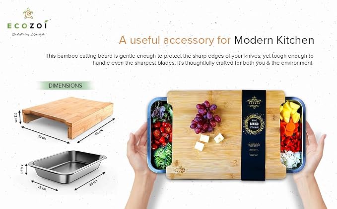 Bamboo Cutting Board by Ecozoi with 2 Slide Out Drawers. Keep Meal Prep Organized With Organic Bamboo Wooden Chopping Station. Non-Slip Butcher Block with Juice Groove for Easy Cleaning