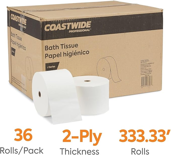 Coastwide Professional J-Series Small Core Toilet Paper, 2-ply, White, 1000 Sheets/Roll, 36 Rolls/Carton