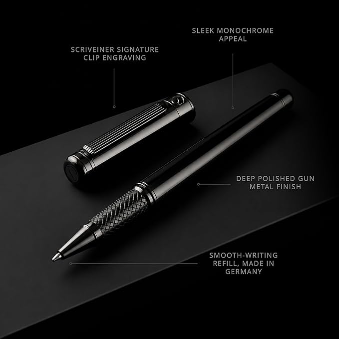 Scriveiner Gun-Metal Rollerball Pen - Stunning Luxury Pen, Schmidt Ink Refill, Best Roller Ball Gift Set for Men & Women, Professional, Executive Office, Nice Pens
