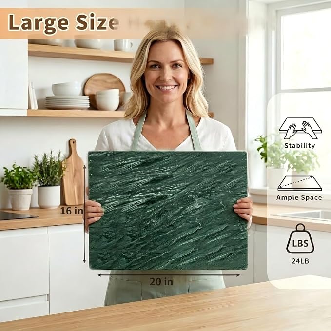 Green Marble Cutting Board for Kitchen, 20 x 16 Inch Large Marble Pastry Slab, Green Stone Cutting Board for Dough Kneading, Baking, Rolling, Cheese
