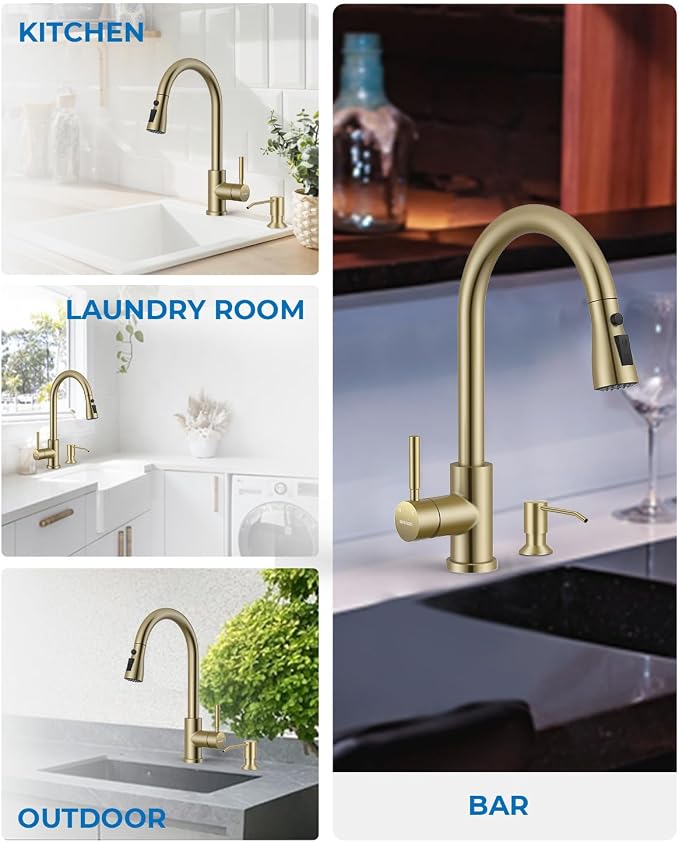 WEWE Kitchen Faucet with Pull Down Sprayer and Soap Dispenser, Gold High Arc Single Handle Stainless Steel Sink Faucet, Suitable for Farmhouse, RV & Laundry