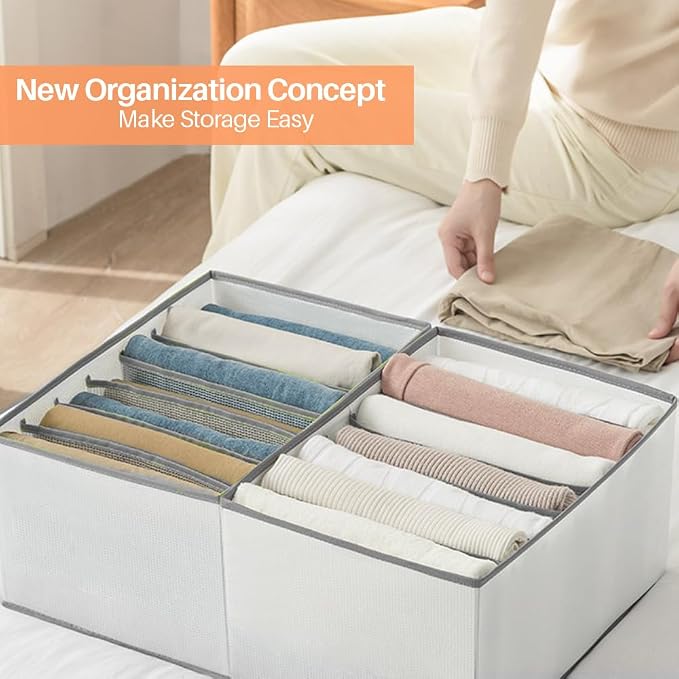 EASEVE 6 Pack Wardrobe Closet Organizer and Storage for Clothes - 7 Grids Foldable Drawer Dividers Organizers for Jeans | Pants | Shirts | Leggings, Stackable Clothing Bins for Closets Organization