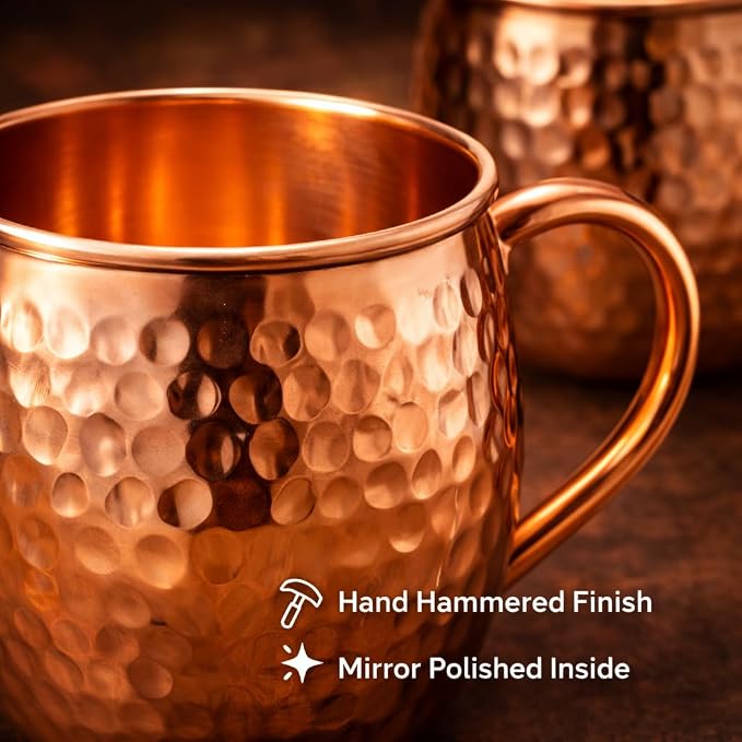 Premium Handcrafted Copper Moscow Mule Mugs Set of 4 – 16oz Hammered Solid Copper Cups, BPA-Free & Lacquer-Free, Elegant Gift Set for Cocktails, Water, Home Bar & Parties