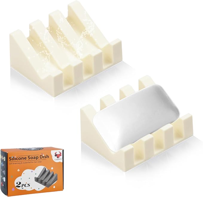 Self Draining Soap Dish Holder,Silicone Soap Dish,for Bathroom,Kitchen, Sponges，Can Extend Soap Life，Keep Soap Bars Dry and Easy Cleaning (Cream White,2-Pack)