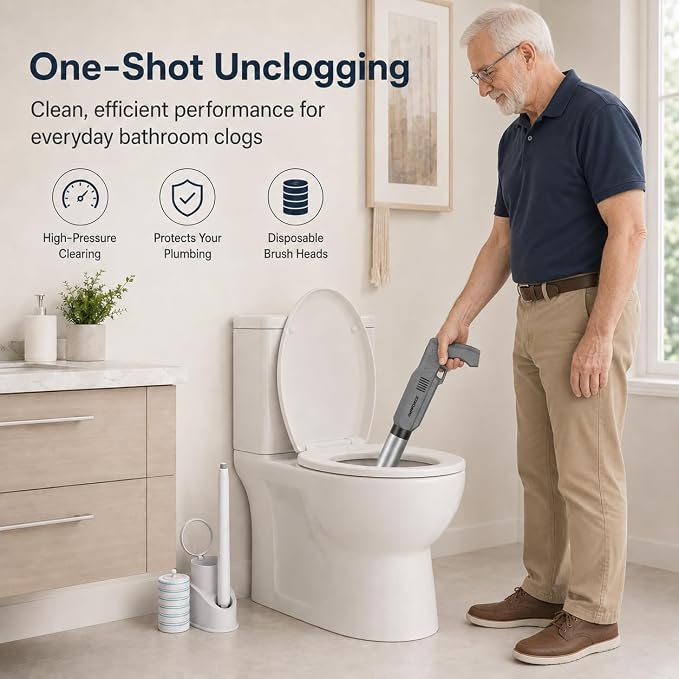 Electric Toilet Plunger and Disposable Brush Bundle, Heavy Duty High Pressure Air Unclogger Tool, 360° Toilet Wand Cleaning System with Caddy & 6 Refills