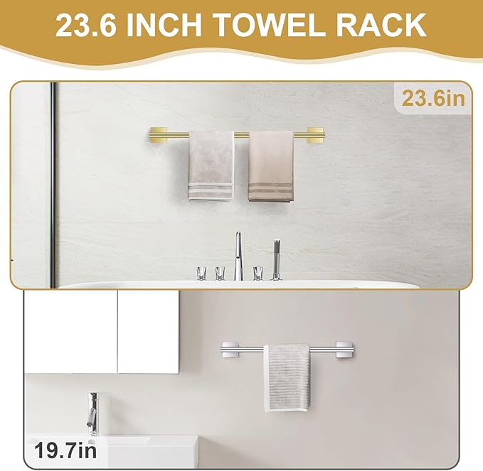 Brushed Gold Bathroom Hardware Towel Bar Set, 5 Pieces Double Dase Toilet Paper Holder Towel Holder Set, 23.6 Inch Stainless Steel Towel Rack for Bathroom Wall Mount