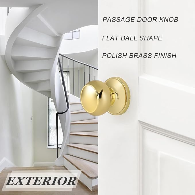 Probrico Passage Door Knobs Polished Brass Interior Hall/Closet Door Handles Keyless Locksets, 3 Pack