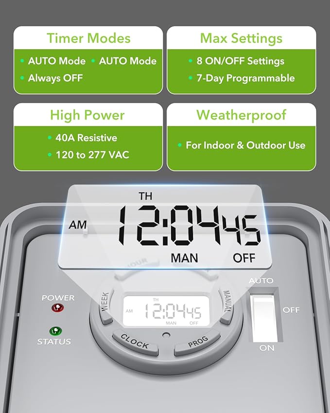 BN-LINK Pool Pump Timer, Outdoor Timer Box, Heavy Duty, 2HP 40A Max, 120, 240, 277 VAC, for Pool Pump, Water Heater, Fans, SPA, ETL Listed (Digital)
