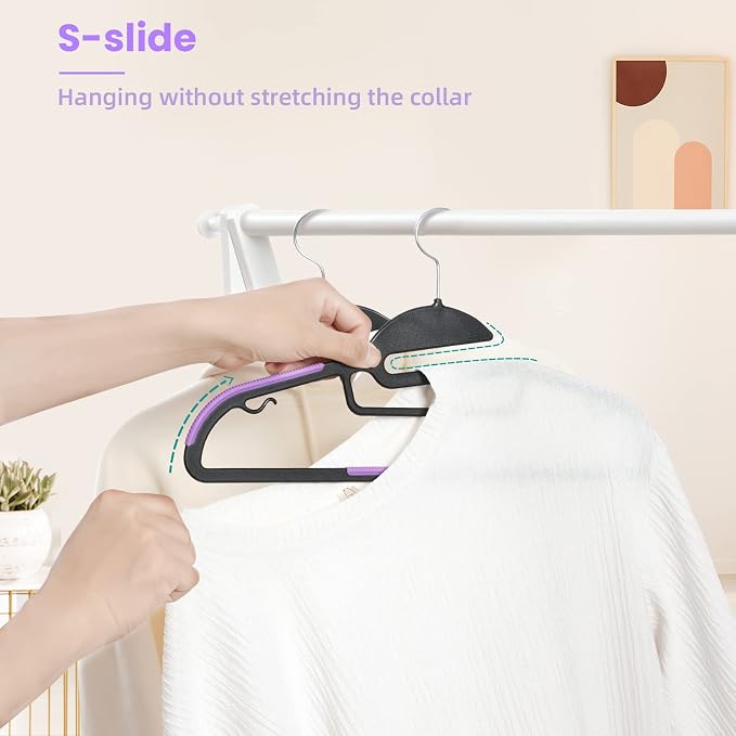 BAGAIL Plastic Hangers 50 Pack with Non-Slip Design,0.2 Inches Thick, 360°Swivel Hook Space Saving Organizer for Bedroom Closet,Shirts,Pants(Purple- S Shaped)