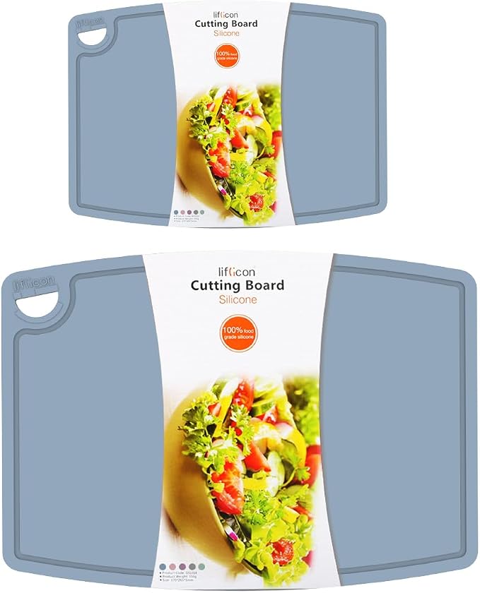 Thick Cutting Boards for Kitchen Silicone Chopping Board Set of 2 Mid 12.6'' x 9.1”,Mini 9.1”x7.1” Non-slip Deep Drip Juice Groove Easy Grip Handle,Dishwasher Safe-Light Blue