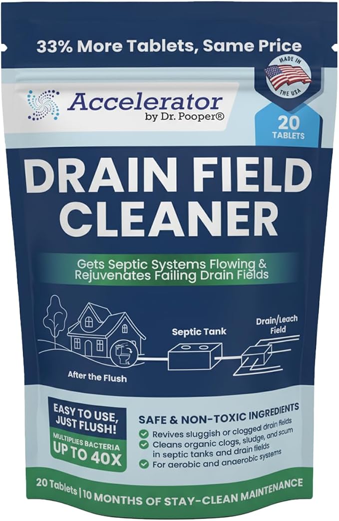 Accelerator by Dr. Pooper Drain Field Cleaner Tablets (20 Count) - Septic Tank Treatment for Clogs, Odor & Sludge - 90% Less Plastic - 10 Month Supply - Aerobic & Anaerobic Systems - Easy Flush