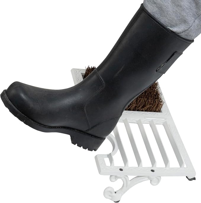MyGift Boot Brush Scraper Outdoor, Heavy Duty Cast Iron Shoe Scraper Mat, Vintage Rustic Shoe Brush Angled Boot Dirt Cleaner Brush for Entryway, Porch, Mudroom or Garage (White)