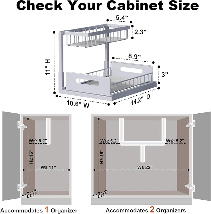 REALINN Under Sink Organizer, Pull Out Cabinet Organizer 2 Tier Slide Out Sink Shelf Cabinet Storage Shelves, Storage for Kitchen Bathroom, Grey, 2 Pack