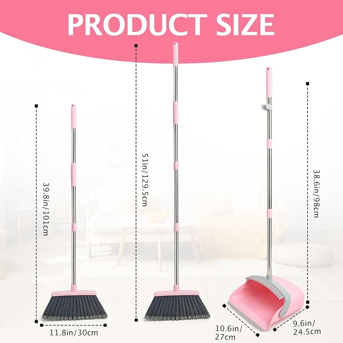 2-Pack Broom and Dustpan Set with Long Handle, Heavy Dust Broom and Dustpan Combo for Home，Kitchen, Office, Pet Hair(Grey Pink)