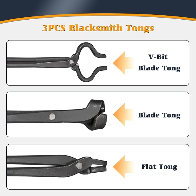Blacksmith Tongs Set - V-Bit, Blade, Flat, Steel Forge Tongs (3PCS) | Assembled Tong for Knife Making, Blacksmithing, Bladesmith, Bladesmithing