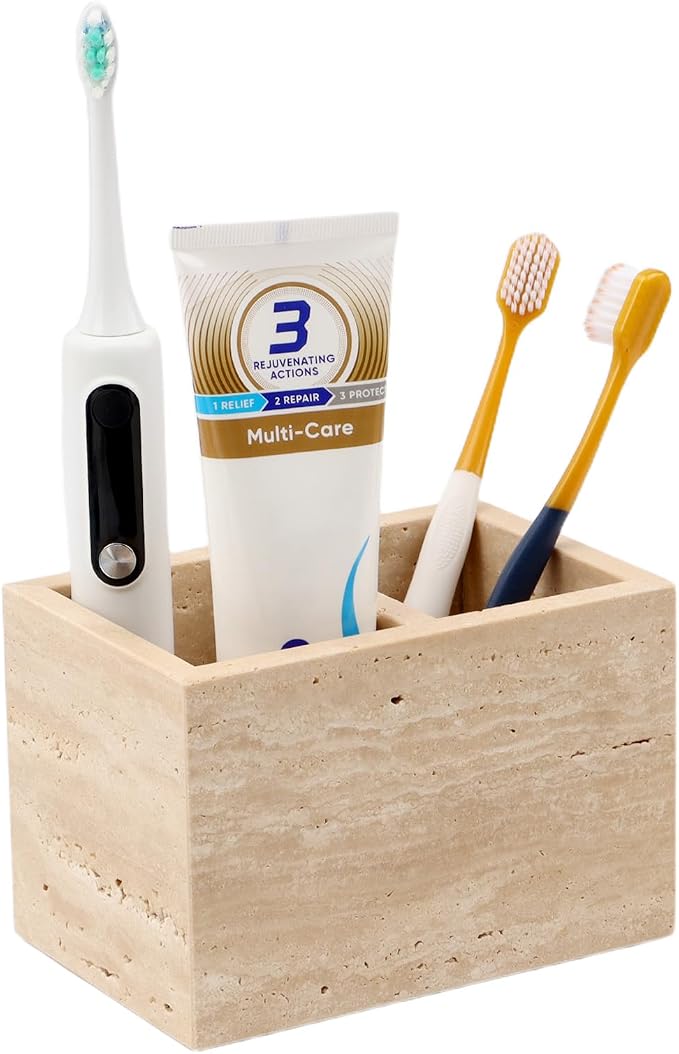 Travertine Toothbrush Holders,Natural Stone Toothbrush Holder with 2 Slots,Heavy Duty Tooth Brush Holder for Bathroom