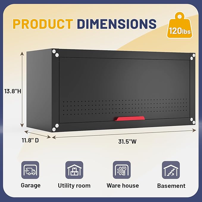 Eltean 31.5" Metal Wall Cabinet,Garage Wall Cabinet with Up-Flip Door,Wall Mounted Garage Cabinets with Handle,Floating Tool Cabinet for Garage,Basement,Warehouse