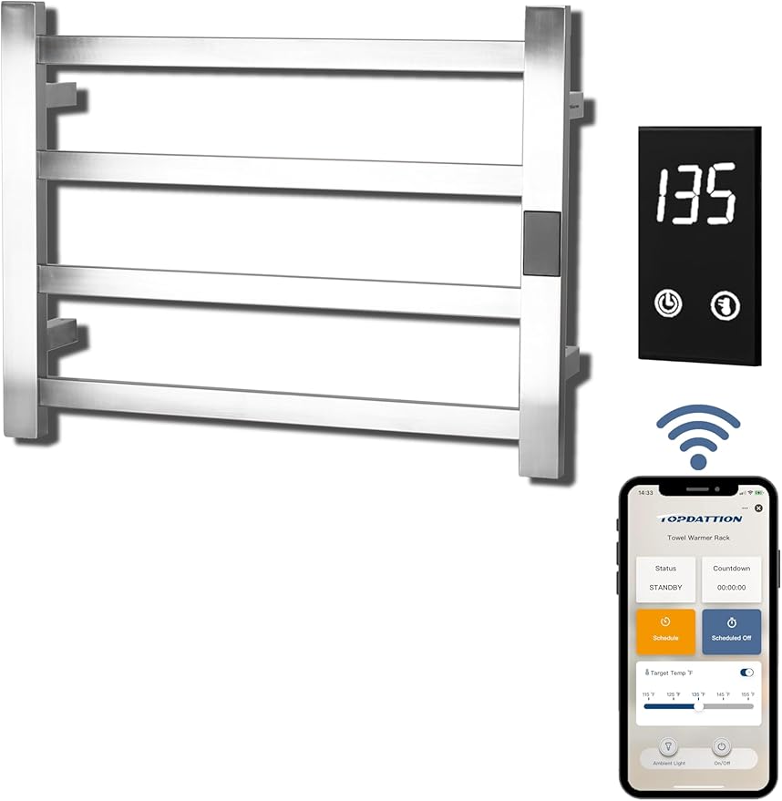 Topdattion Smart Wireless Electric Towel Warmer | Blade Thin 4 Bar Design | Hardwired & Plug-in | Alexa & Google Home Compatible | Brushed Finish