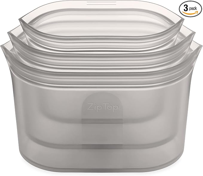 Zip Top Reusable Food Storage Bags | 3 Dish Set [Gray] | Silicone Meal Prep Container | Microwave, Dishwasher and Freezer Safe | Made in the USA