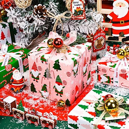 WRAPAHOLIC 30 Inch Christmas Wrapping Paper Roll - Jumbo Roll Red, Green and Pink Christmas Gnome Elf Holiday Collection - 4 Rolls - 30 Inch x 120 Inch Per Roll
