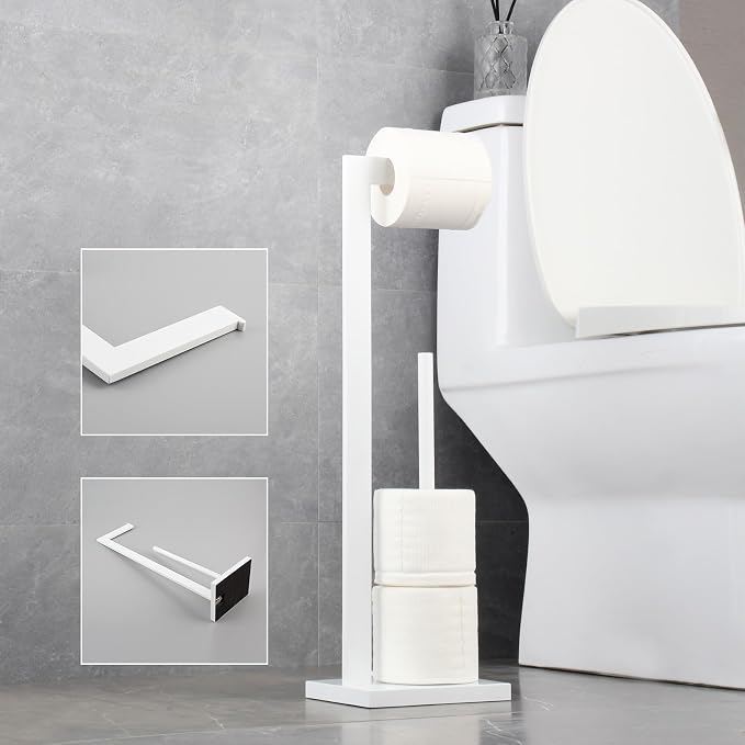 GERZWY SUS 304 Stainless Steel Toilet Paper Stand with Reserve, Free Standing Toilet Paper Holder, White