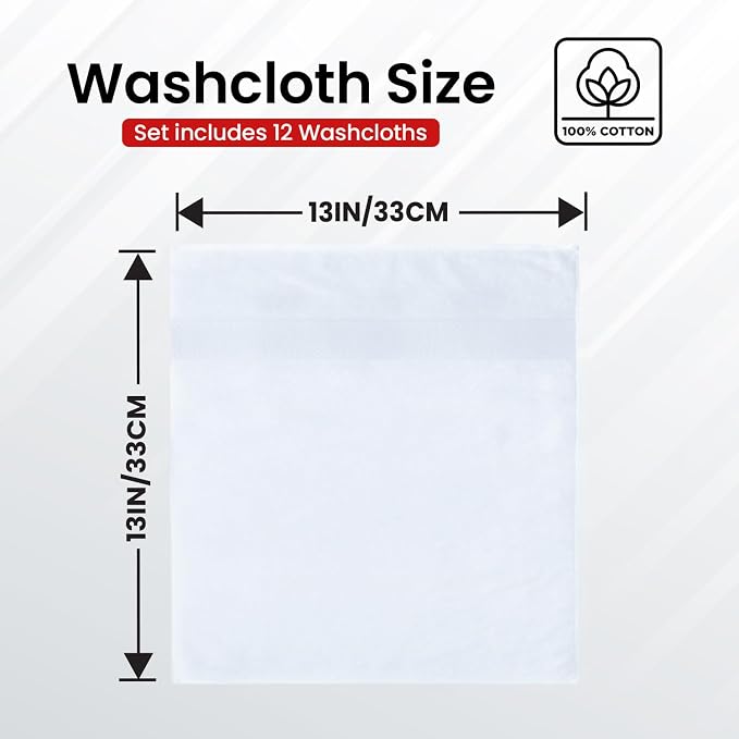 Infinitee Xclusives Luxury Wash Cloths for Showering [13x13] – 100% Cotton Washcloths [Pack of 12], Soft and Absorbent Face Towels for Bathroom Wash Clothes, Gym, and Spa (Brilliant White)