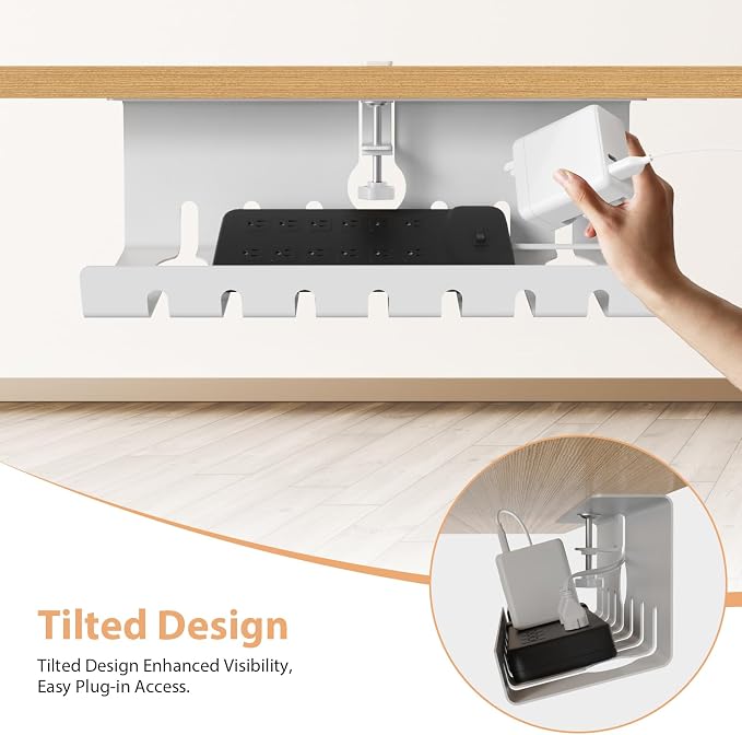 Syeeiex 17" Under Desk Cable Management Tray, No-Drill C-Clamp & Screw Mount, Heavy Duty Metal Cord Organizer with Cable Ties, for Office Home Workspace, White