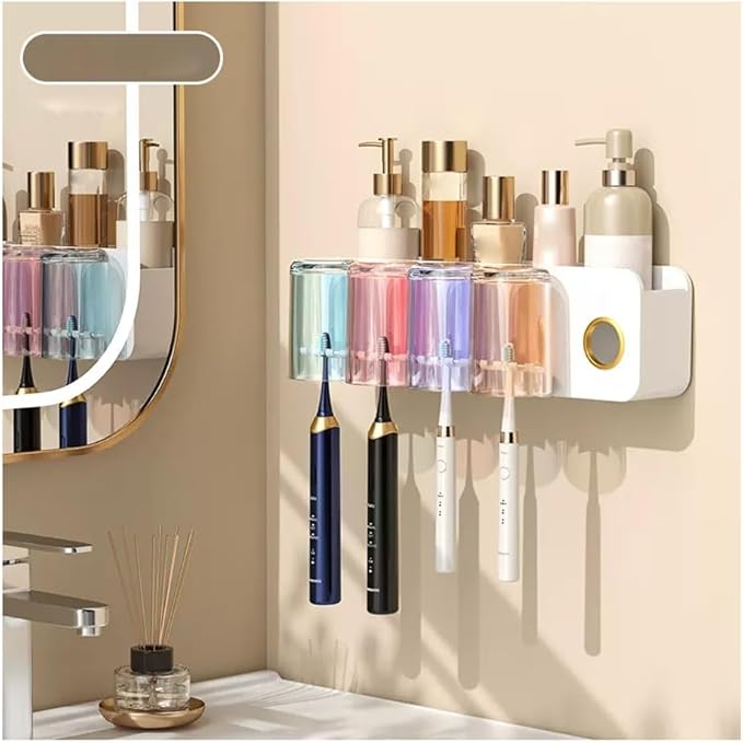 Toothbrush Rack Toothbrush Rack Free Punching Wall-Mounted Mouthwash Cup Brush Color Tooth Cup Wall-Mounted Bathroom Shelf Family Rack Bathroom Toothbrush Holder