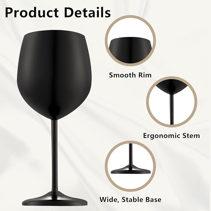 UNISWEET Stainless Steel Wine Glasses Set of 6 with 1 Corkscrew, Matte Black