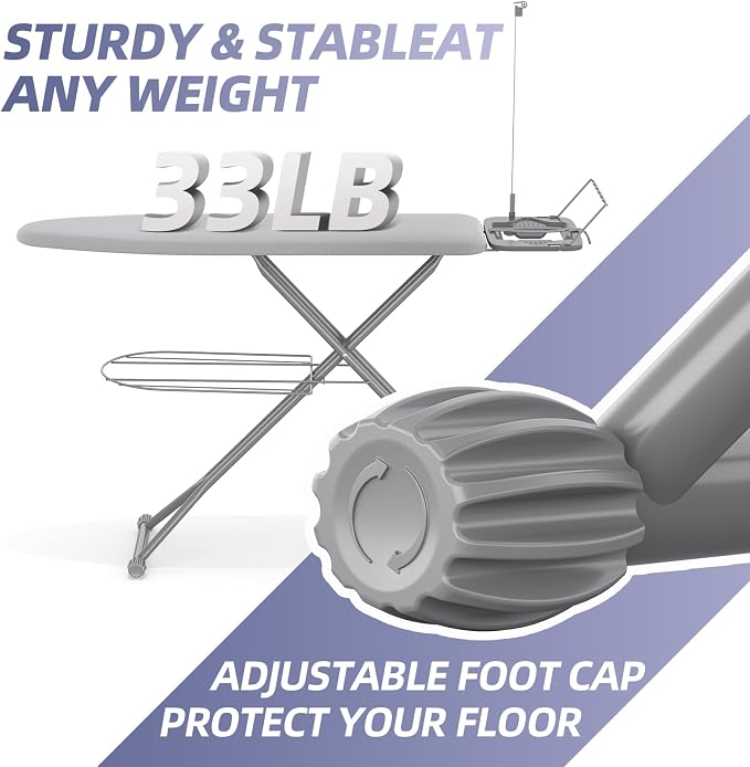 KINGBOARD Ironing Board, Compact Iron Board Full Size with Extra Thick Cover, 7 Adjustable Heights Stand with Hanger and Iron Rest, Large Heavy Duty Ironing Board with Storage Tray, 13x43 Grey