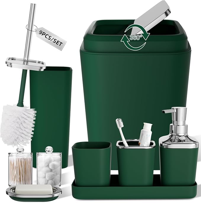 XLHOMO Bathroom Set, 9PC Bathroom Accessory Set, Green Bathroom Accessories, Green Bathroom Set, Trash Can, Soap Dispenser for Home Decor