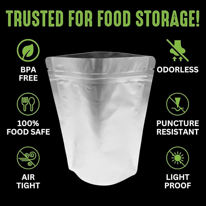 50 Mylar Bags for Food Storage, Airtight 7-Mil Thick Gusseted Zip Lock, Long Term, Reusable, Emergency Food Supply & Freeze Dryer Bags - 1 Cup 5x7 Inch
