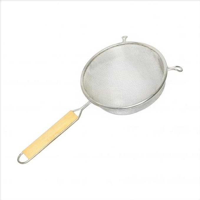 TrueCraftware- 8-Inch Single Fine Mesh Strainer Stainless Steel 6-1/2" Handle Length Wooden Handle- Kitchen Utensil Food Strainer Skimmer Spoon for Cooking Sieve Sifters Rice Pasta Fruits Vegetable