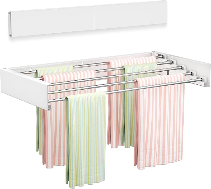 Vikaqi Wall Mounted Clothes Drying Rack 23.6", Foldable Wall Mount Laundry Rack Folding Indoor, Drying Rack Clothing Collapsible, Hidden Space Saver with Wall Template, 5 Rods, White