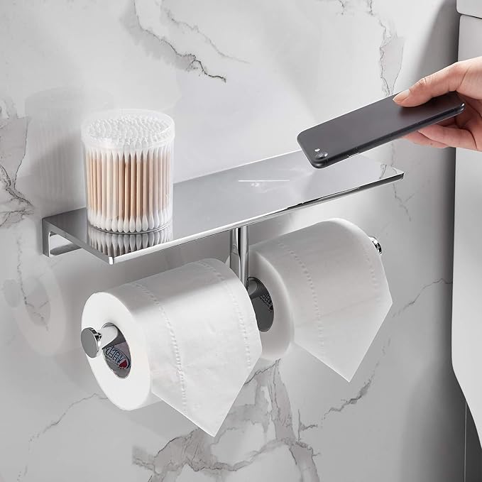 Double Toilet Roll Paper Holder Bathroom Solid Brass and Superior Hotel Style Wall Mount Tissue Roll Holder with Storage Shelf Bright Chrome Finished