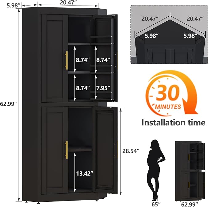 GAIOUS 63" Metal Corner Kitchen Pantry Cabinet, Food Storage Cupboard Black | Tall Steel Storage Cabinet with 4 Doors and 3 Shelves, Kitchen Food Cabinets with 6 Door Panel Shelves, Farmhouse, for Dining
