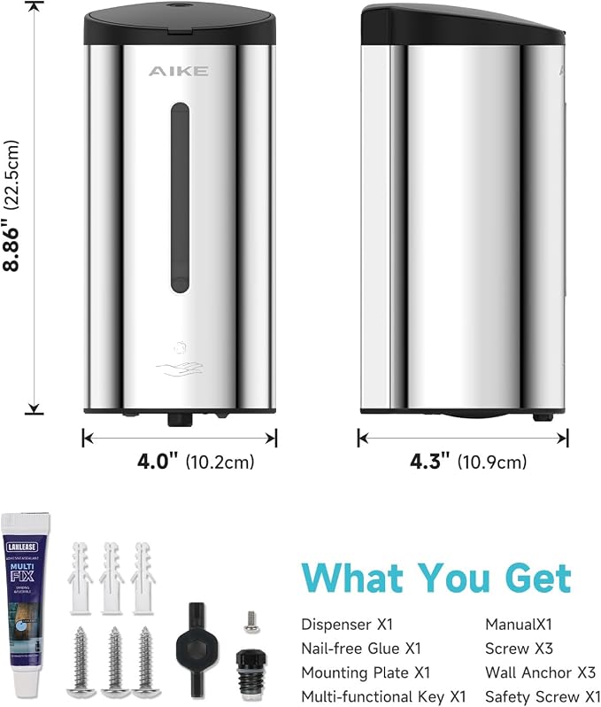 AIKE Automatic Foam Soap Dispenser 25oz for Bathroom,Polished AK1205FA | Rich Foam and Stainless Steel,No-drill and Screw Wall Mount,5-Level Adjustable and Key for Commercial(Batteries Not Included)