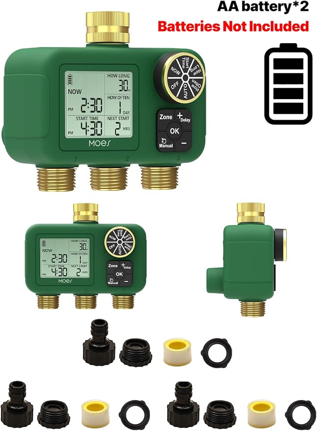 MOES 3 Zone Water Timer for Garden Hose, 3/4 in Brass Inlet and Outlets, Battery Operated Sprinkler Timer, 3 Outlet Faucet Valve, Sequential Watering, Rain Delay, Non-WiFi