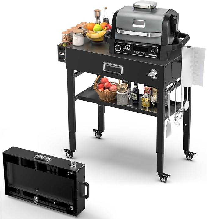 Quick-Fold Grill Cart for Ninja Woodfire & Blackstone | 28/34 in height,4 locking wheels,fits to griddles,pizza ovens and tabletop grills