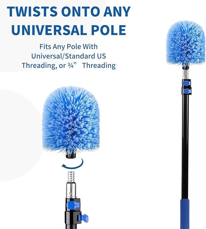 Screw on Webster Cobweb Duster Head for Pole,Spider Web Remover Brush, Cobweb Duster Head Attachment,Fits Standard 3/4 inch Threaded Poles(Big, Blue)